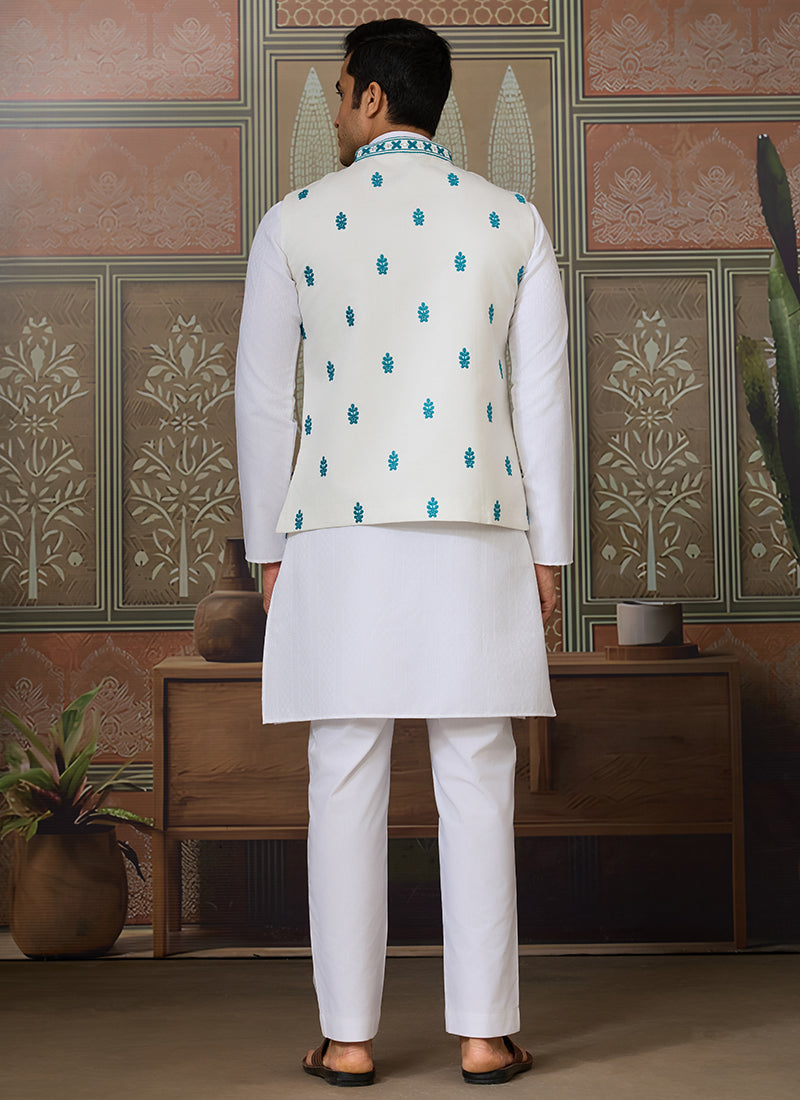 Silk White Festival Wear Mirror Work Readymade Modi Jacket Kurta Pajama 384464