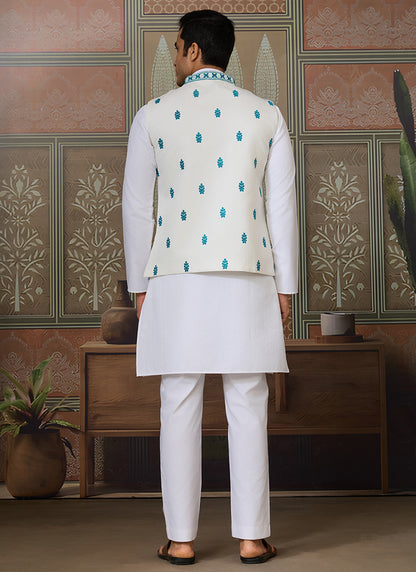 Silk White Festival Wear Mirror Work Readymade Modi Jacket Kurta Pajama 384464