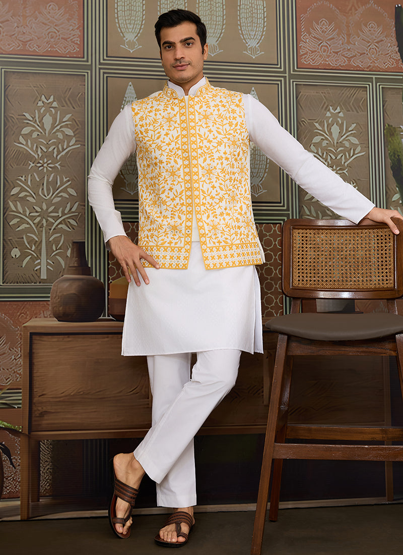 Silk White Festival Wear Mirror Work Readymade Modi Jacket Kurta Pajama 384465