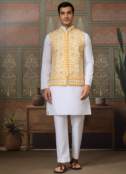 Silk White Festival Wear Mirror Work Readymade Modi Jacket Kurta Pajama 384465