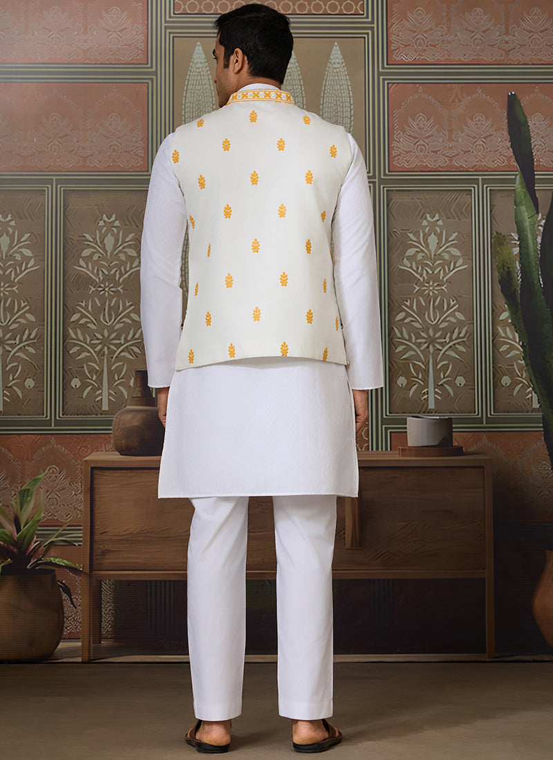 Silk White Festival Wear Mirror Work Readymade Modi Jacket Kurta Pajama 384465