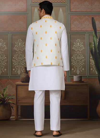 Silk White Festival Wear Mirror Work Readymade Modi Jacket Kurta Pajama 384465