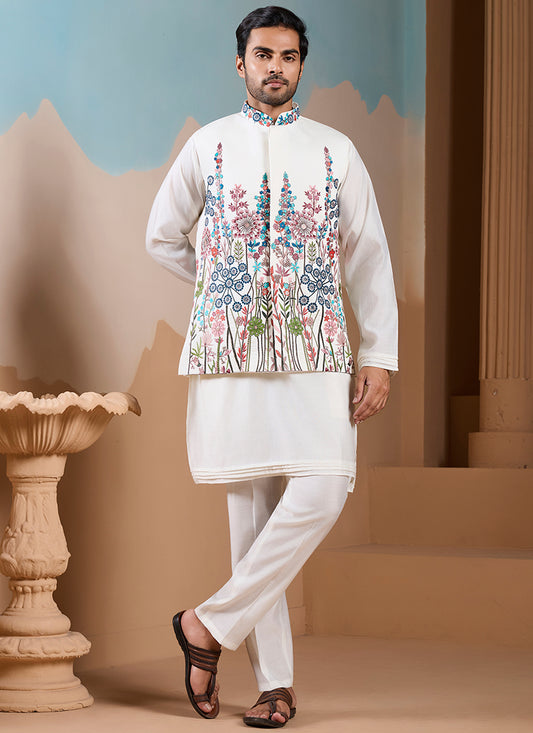 Silk White Wedding Wear Embroidery Work Readymade Kurta Pajama With Jacket 387113