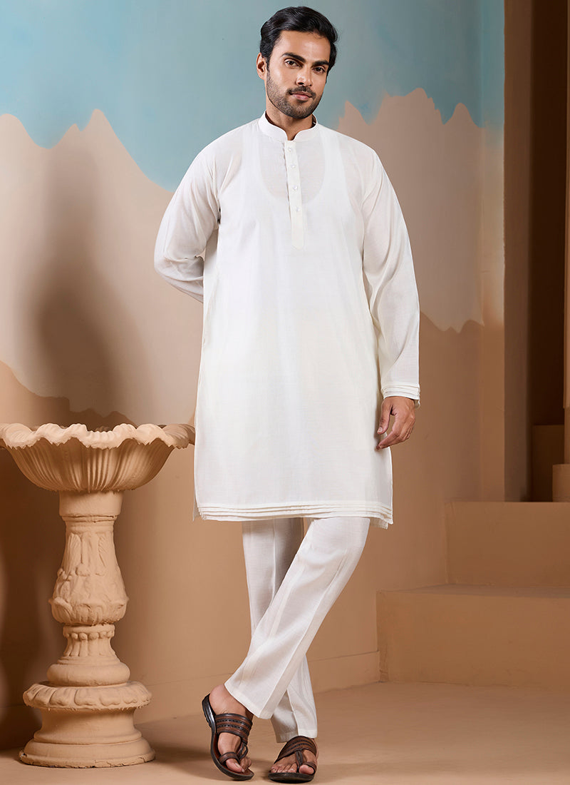 Silk White Wedding Wear Embroidery Work Readymade Kurta Pajama With Jacket 387113