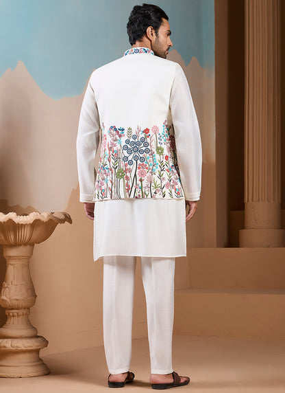 Silk White Wedding Wear Embroidery Work Readymade Kurta Pajama With Jacket 387113