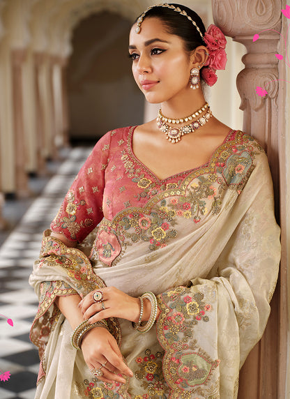 Off White Silk Zari Work Wedding Wear Saree SW989396