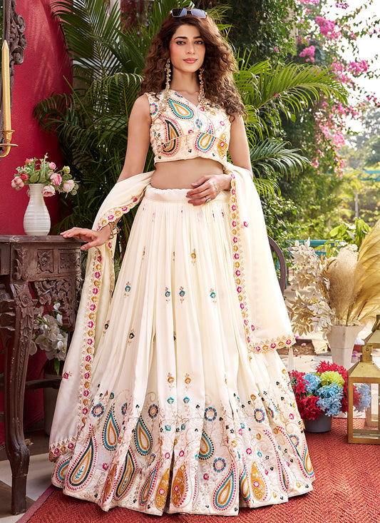 White Vichitra Sequins Work  Wedding Wear Readymade Lehenga Choli SW576096