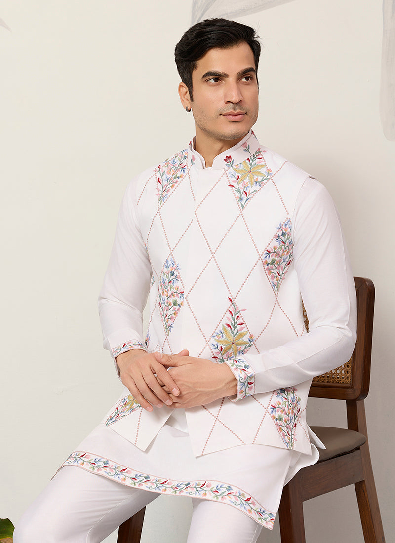 Viscose Art Silk White Festival Wear Sequins Embroidery Work Readymade Modi Jacket Kurta Pajama 388648