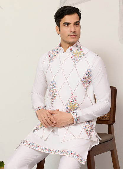Viscose Art Silk White Festival Wear Sequins Embroidery Work Readymade Modi Jacket Kurta Pajama 388648