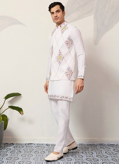 Viscose Art Silk White Festival Wear Sequins Embroidery Work Readymade Modi Jacket Kurta Pajama 388648