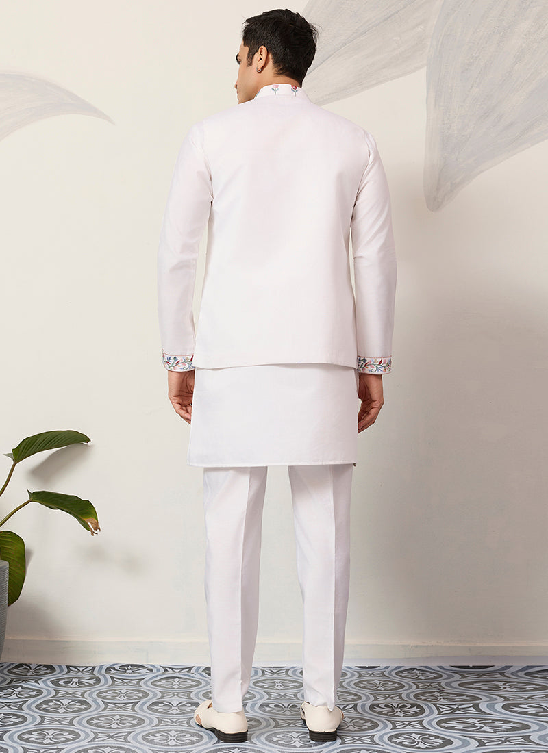 Viscose Art Silk White Festival Wear Sequins Embroidery Work Readymade Modi Jacket Kurta Pajama 388648