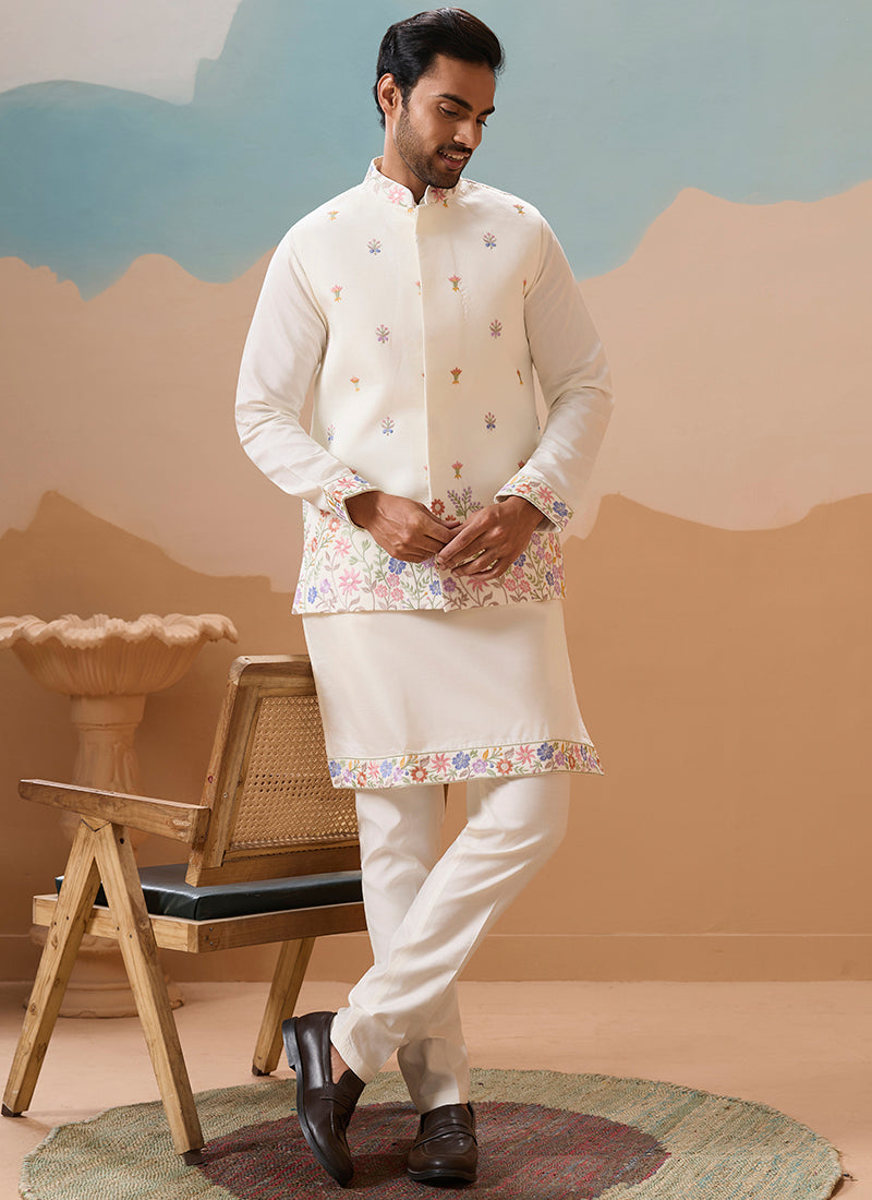 Viscose Silk White Festival Wear Embroidery Work Readymade Modi Jacket Kurta Pajama 385582