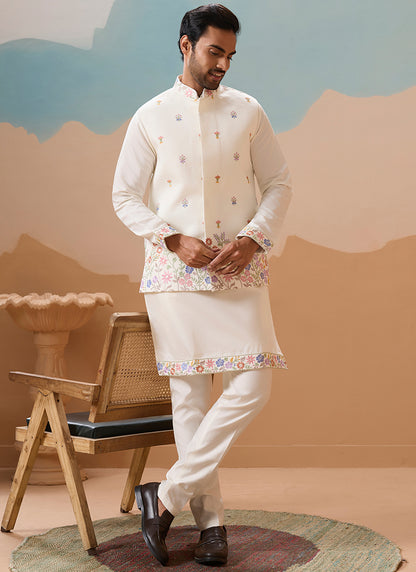 Viscose Silk White Festival Wear Embroidery Work Readymade Modi Jacket Kurta Pajama 385582