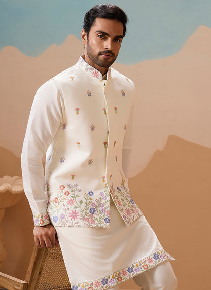 Viscose Silk White Festival Wear Embroidery Work Readymade Modi Jacket Kurta Pajama 385582