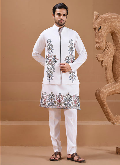 386666 Viscose Silk White Festival Wear Sequin Embroidery Work Readymade Modi Jacket Kurta Pajama
