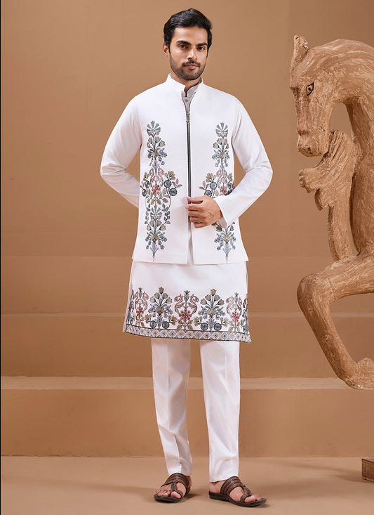 386666 Viscose Silk White Festival Wear Sequin Embroidery Work Readymade Modi Jacket Kurta Pajama