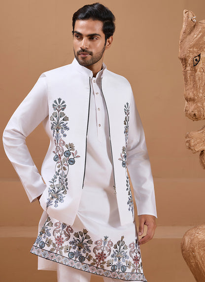 386666 Viscose Silk White Festival Wear Sequin Embroidery Work Readymade Modi Jacket Kurta Pajama