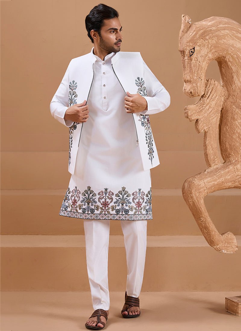 386666 Viscose Silk White Festival Wear Sequin Embroidery Work Readymade Modi Jacket Kurta Pajama