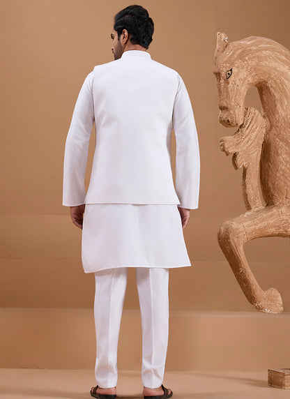 386666 Viscose Silk White Festival Wear Sequin Embroidery Work Readymade Modi Jacket Kurta Pajama