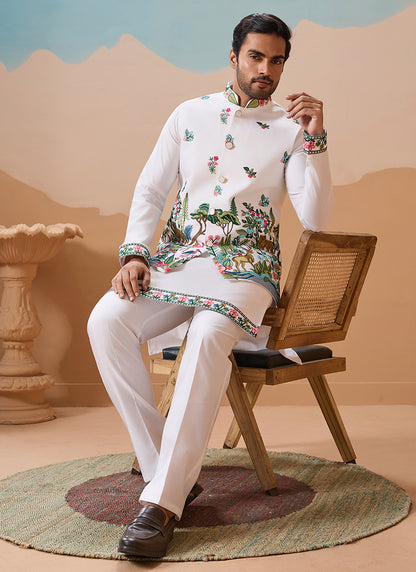Viscose Silk White Festival Wear Sequins Embroidery Work Readymade Modi Jacket Kurta Pajama 388284
