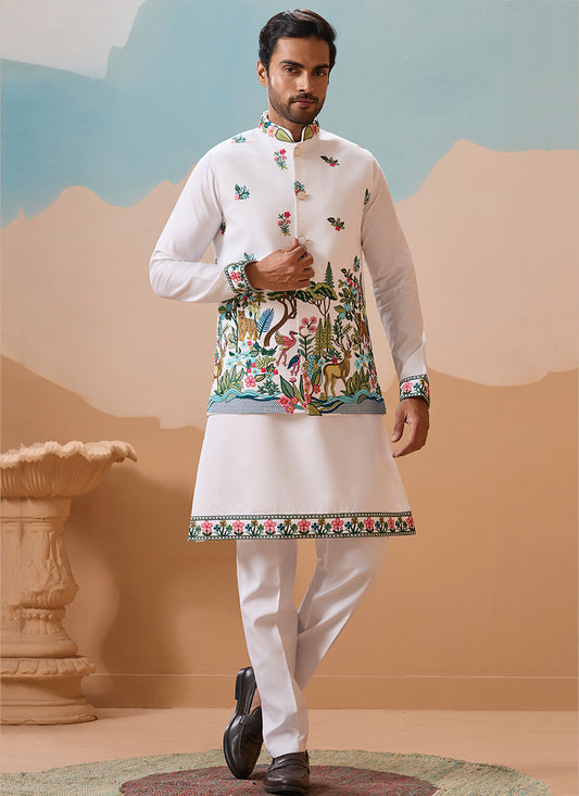 Viscose Silk White Festival Wear Sequins Embroidery Work Readymade Modi Jacket Kurta Pajama 388284