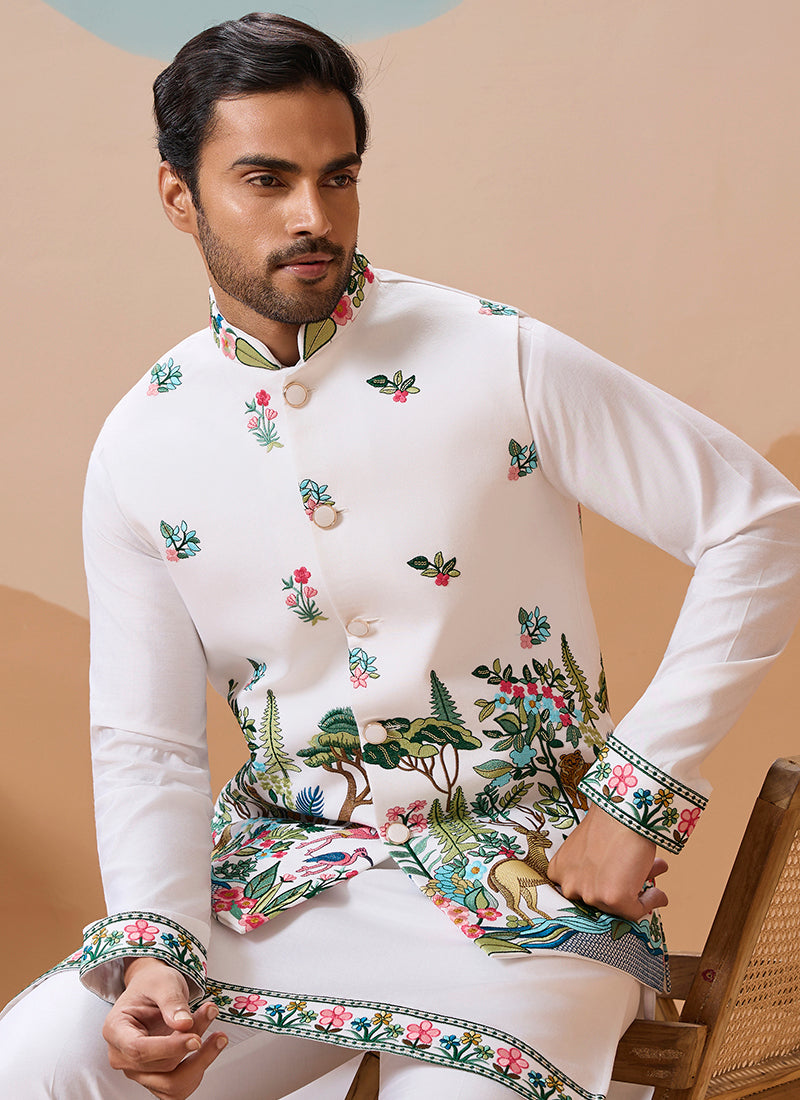 Viscose Silk White Festival Wear Sequins Embroidery Work Readymade Modi Jacket Kurta Pajama 388284