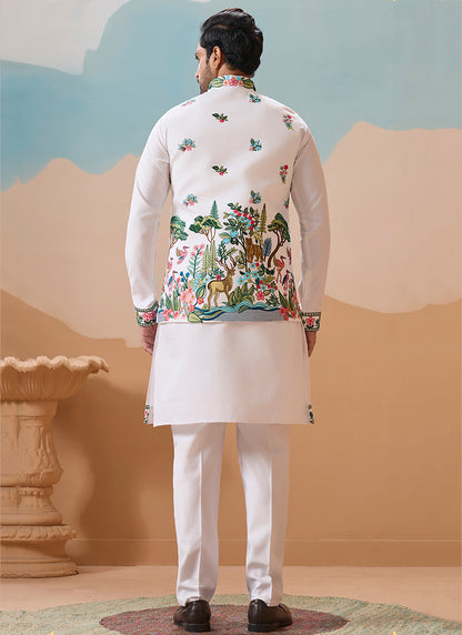 Viscose Silk White Festival Wear Sequins Embroidery Work Readymade Modi Jacket Kurta Pajama 388284