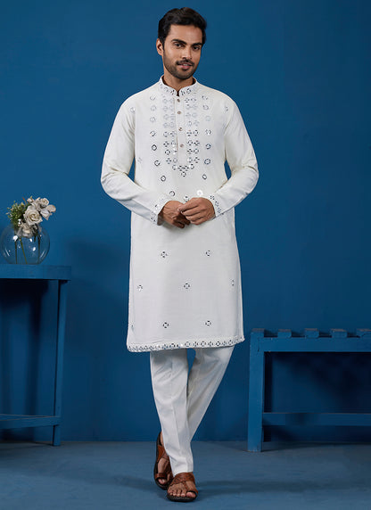 Viscose Silk White Festive Wear Mirror Work Readymade Kurta Pajama 385851