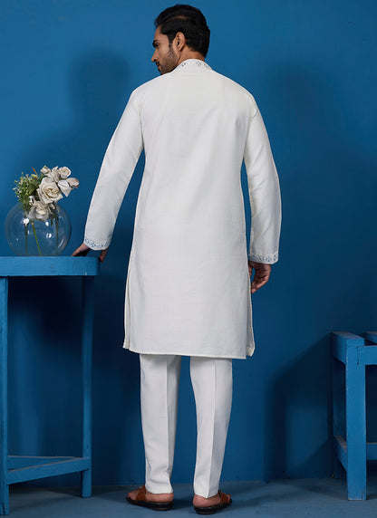 Viscose Silk White Festive Wear Mirror Work Readymade Kurta Pajama 385851