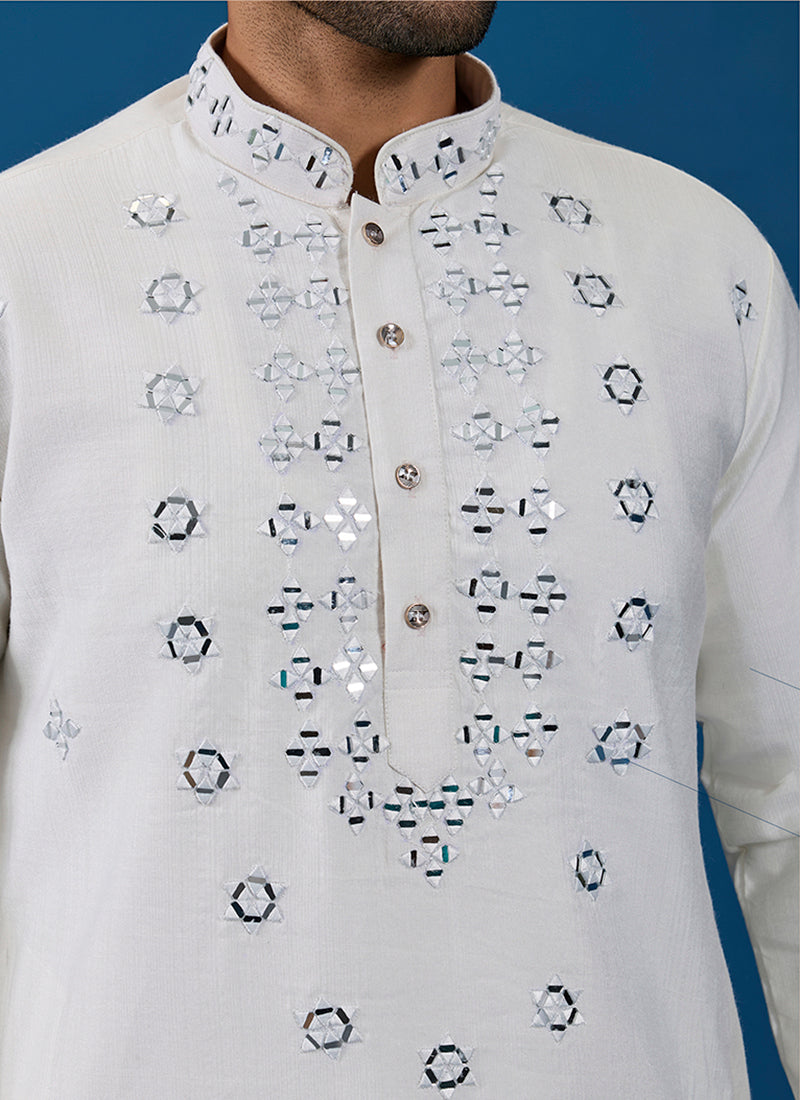 Viscose Silk White Festive Wear Mirror Work Readymade Kurta Pajama 385851