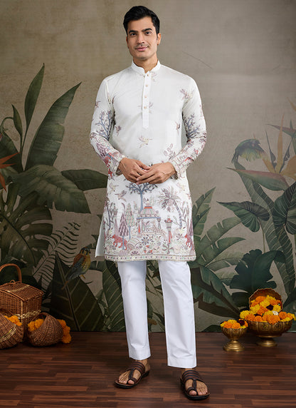 Viscose Silk Classic White Traditional Thread Work Readymade Kurta