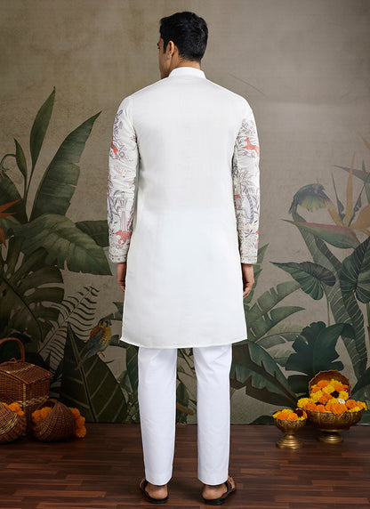 Viscose Silk Classic White Traditional Thread Work Readymade Kurta