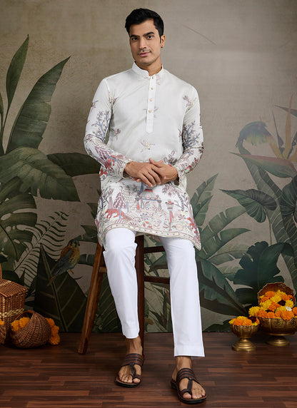 Viscose Silk Classic White Traditional Thread Work Readymade Kurta