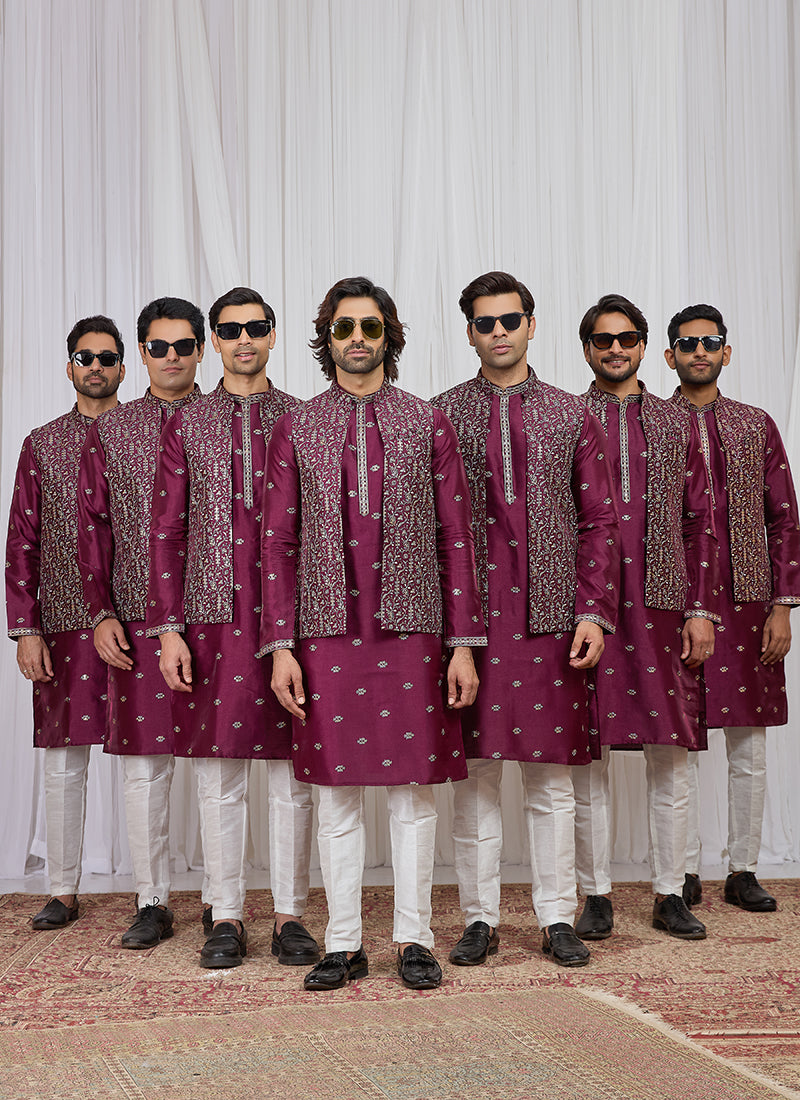 Wine Art Banarasi Silk Patten Pcs Festival Wear Readymade Kurta Pajama With Jacket SW719330