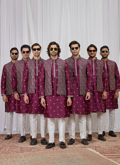Wine Art Banarasi Silk Patten Pcs Festival Wear Readymade Kurta Pajama With Jacket SW719330