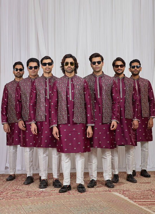 Wine Art Banarasi Silk Patten Pcs Festival Wear Readymade Kurta Pajama With Jacket SW719330