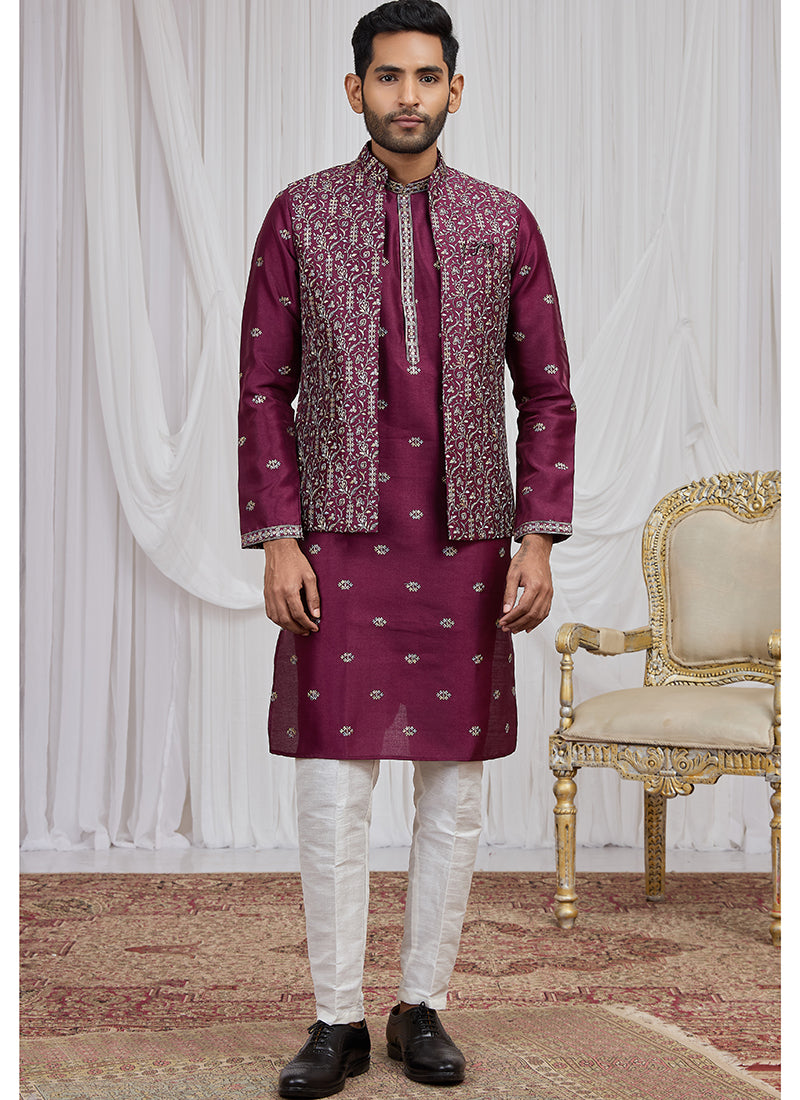 Wine Art Banarasi Silk Patten Pcs Festival Wear Readymade Kurta Pajama With Jacket SW719330