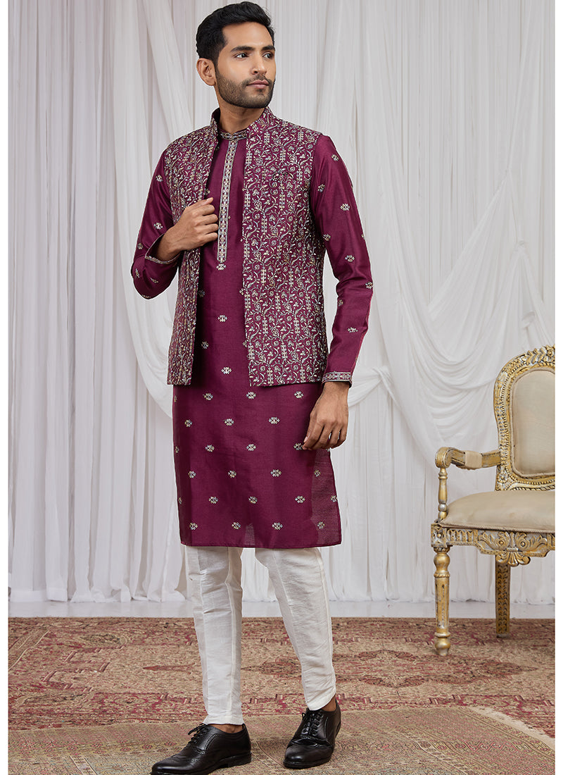 Wine Art Banarasi Silk Patten Pcs Festival Wear Readymade Kurta Pajama With Jacket SW719330