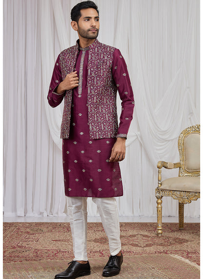 Wine Art Banarasi Silk Patten Pcs Festival Wear Readymade Kurta Pajama With Jacket SW719330