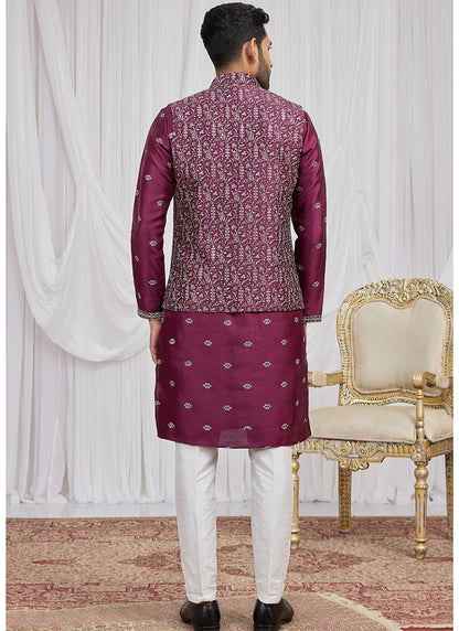 Wine Art Banarasi Silk Patten Pcs Festival Wear Readymade Kurta Pajama With Jacket SW719330