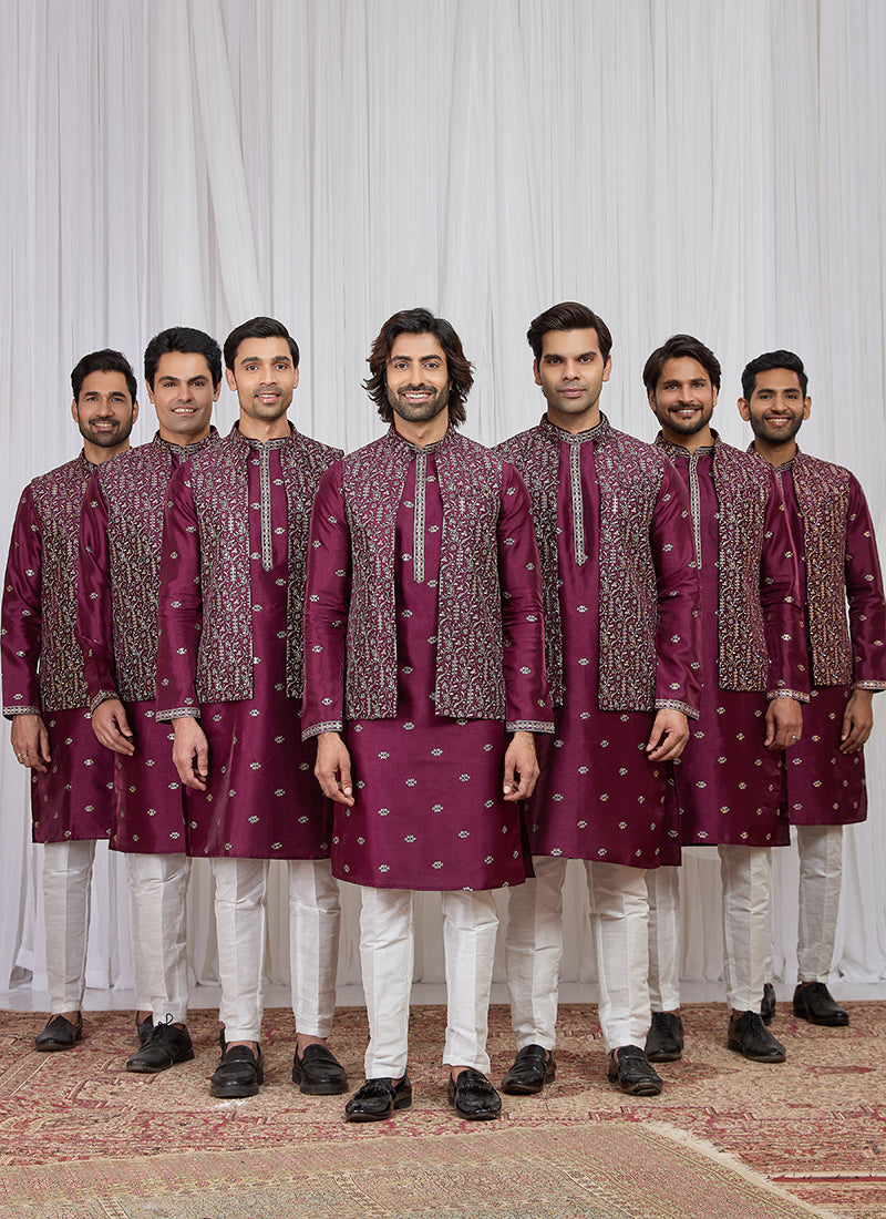 Wine Art Banarasi Silk Patten Pcs Festival Wear Readymade Kurta Pajama With Jacket SW719330