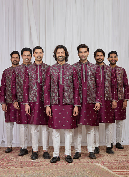 Wine Art Banarasi Silk Patten Pcs Festival Wear Readymade Kurta Pajama With Jacket SW719330