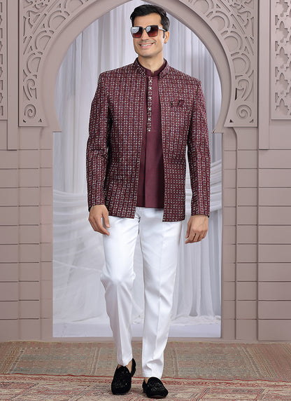 Art Silk Wine Wedding Wear Pattern Pc Work Readymade Indo Western 385500