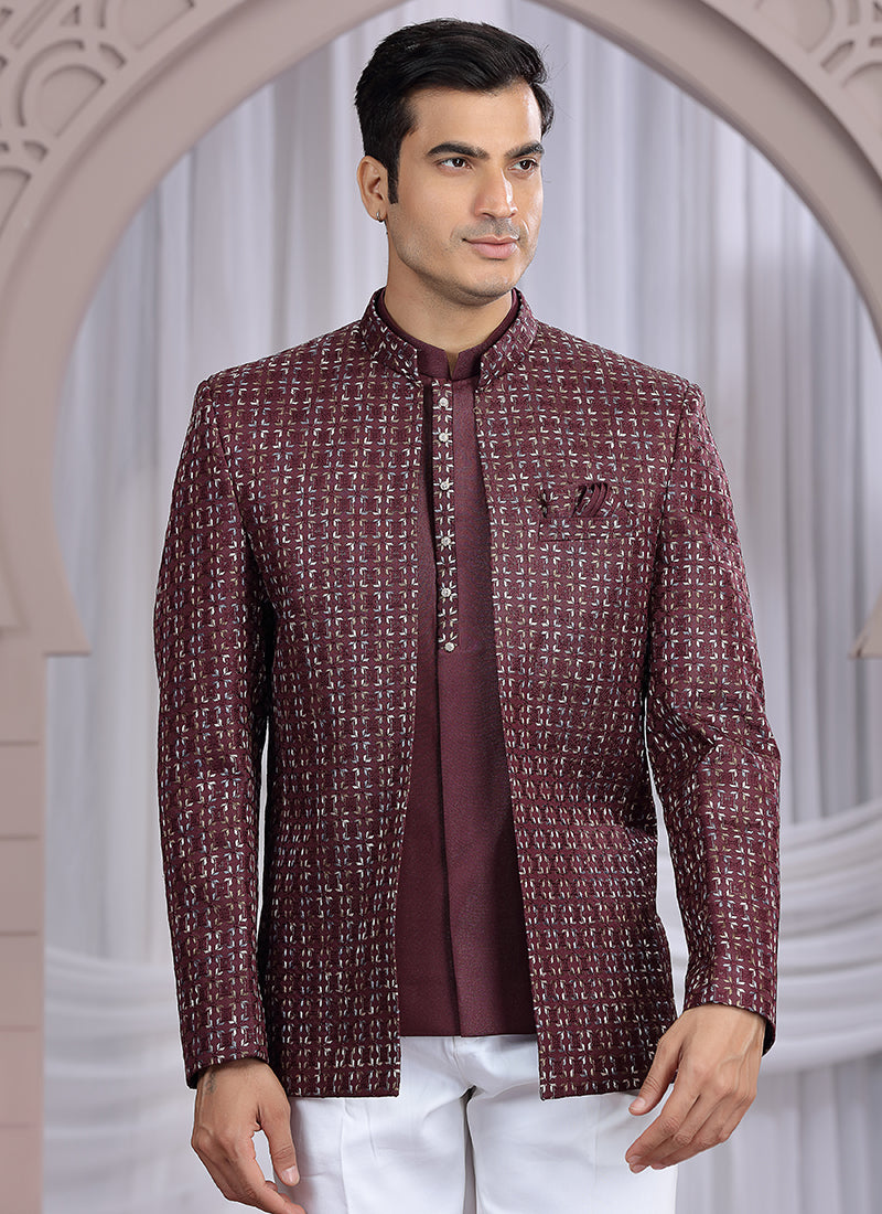 Art Silk Wine Wedding Wear Pattern Pc Work Readymade Indo Western 385500