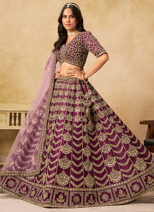 Art Silk Wine Wedding Wear Sequin Work Lehenga Choli 386542
