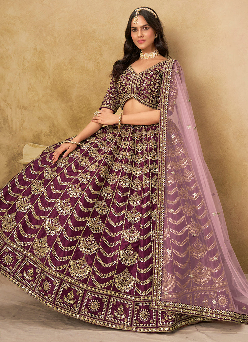 Art Silk Wine Wedding Wear Sequin Work Lehenga Choli 386542