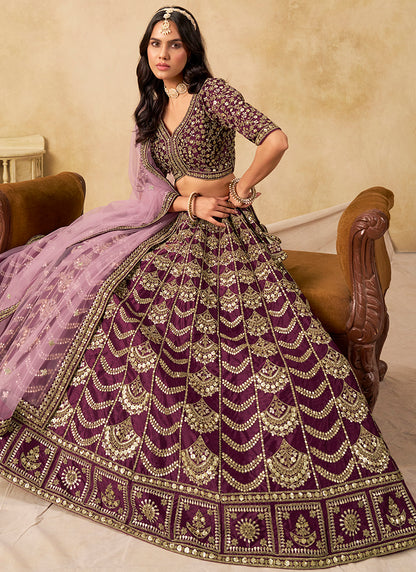 Art Silk Wine Wedding Wear Sequin Work Lehenga Choli 386542