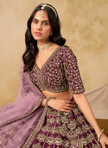 Art Silk Wine Wedding Wear Sequin Work Lehenga Choli 386542