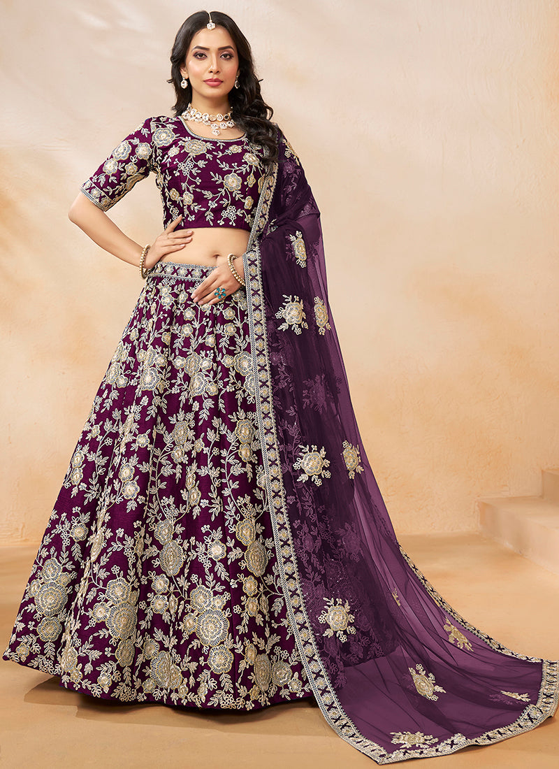 386704 Art Silk Wine Wedding Wear Zari Embroidery Work Lehenga Choli