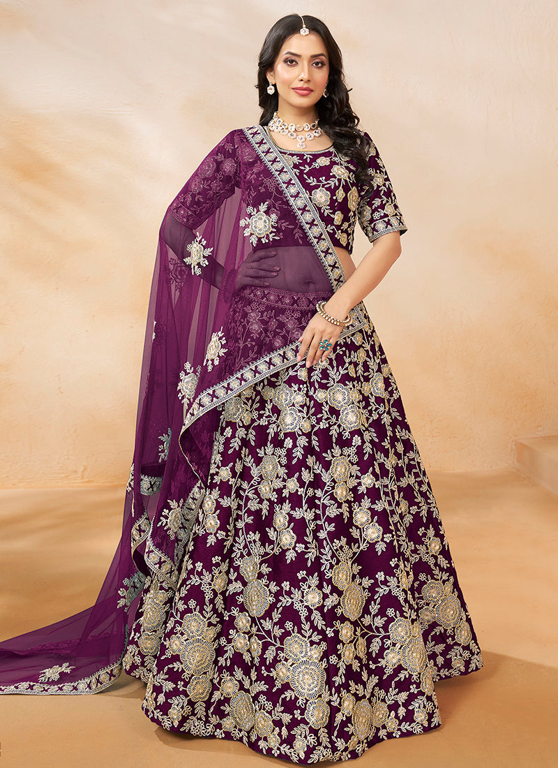 386704 Art Silk Wine Wedding Wear Zari Embroidery Work Lehenga Choli